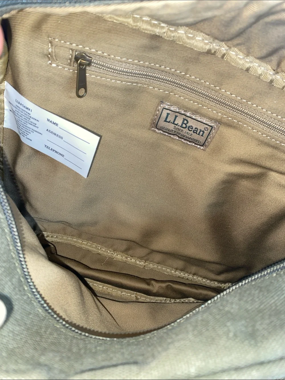 L.L. Bean Olive Canvas Messenger Bag with Brown Leather Trim